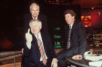BBC election night studio, 1 May 1997: Dimbleby junior salutes the nation
