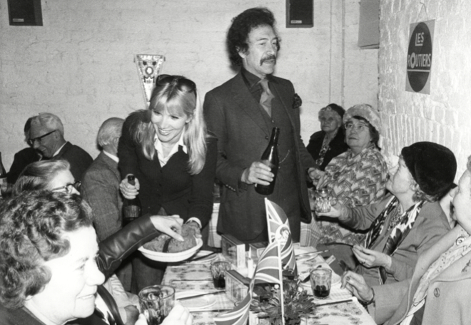 Susan Hampshire and Peter Wyngarde treat pensioners to a slap-up silver jubilee meal at Annabelle's Cafe in Fulham Road - what's not to like?